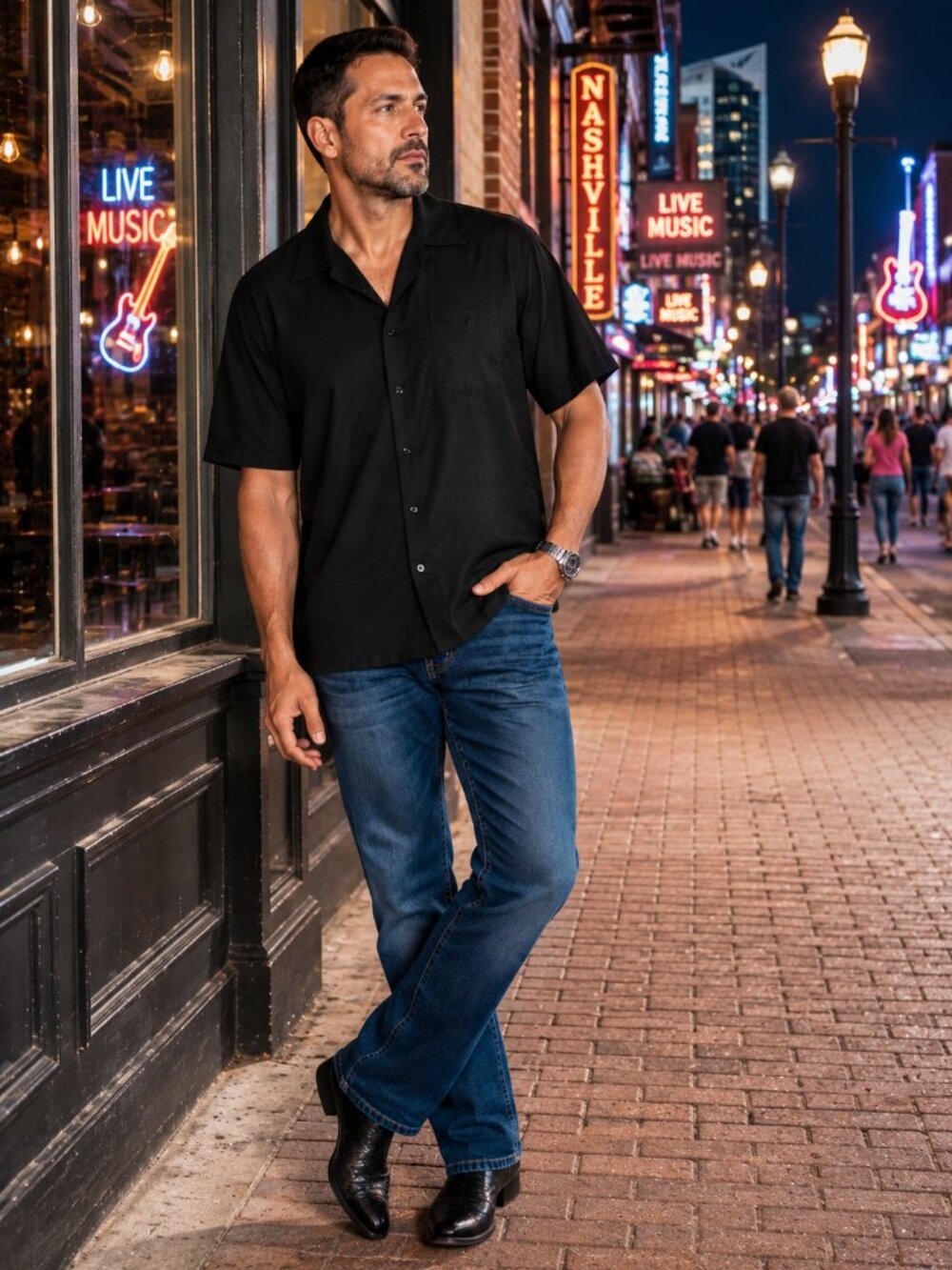 Rossini Men's Black Short Sleeve Button Front Shirt Casual Camp Collar Classic F